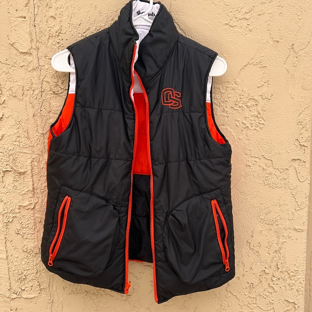 Go Beavers!! Columbia - reverse-able black, white, orange vest - size S.